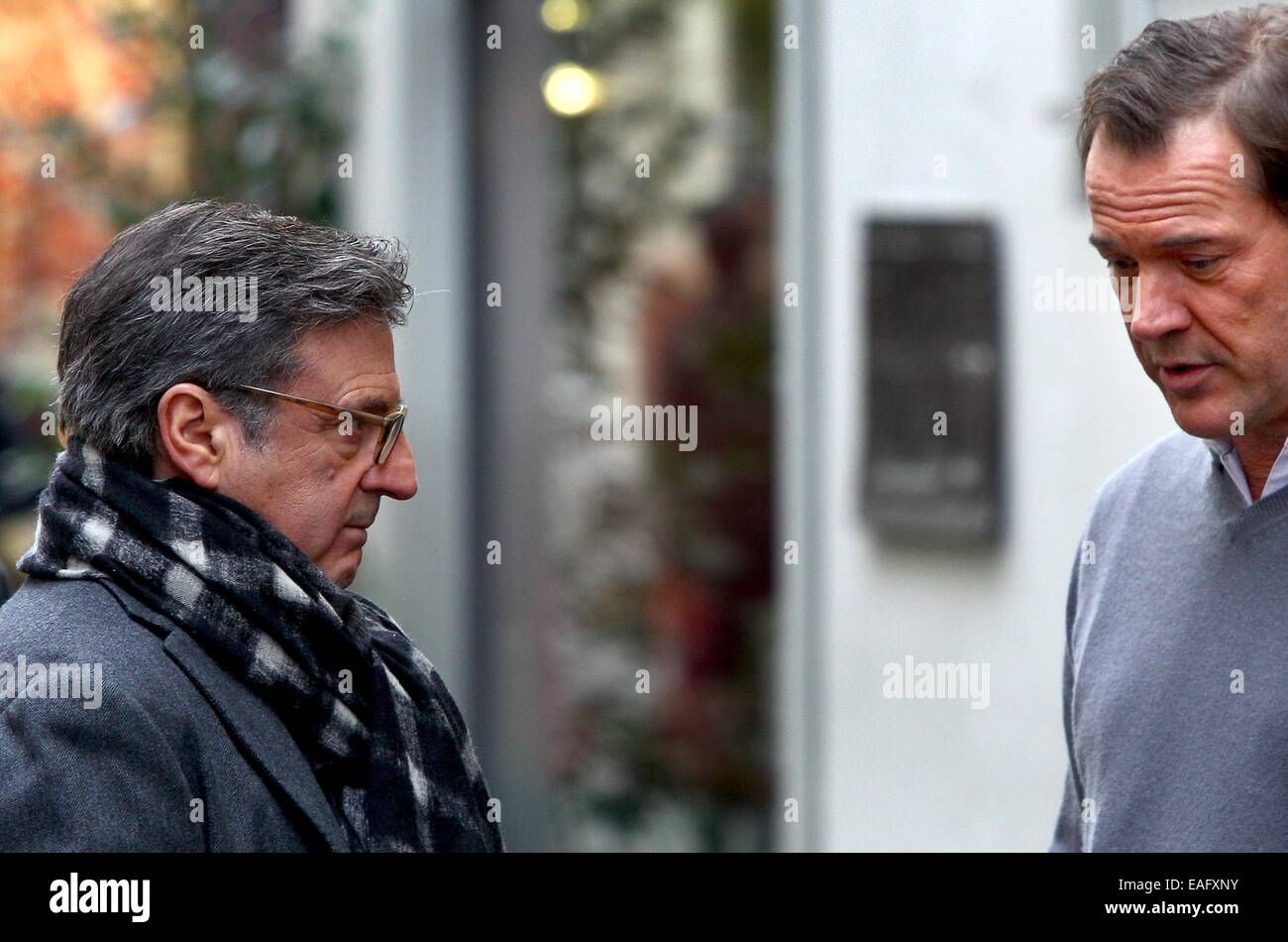 French actor Daniel Auteuil (L) and German actor Sebastian Koch pose on the set of the film 'Bamberski-Der Fall Kalinka' (lit. the Kalinka case) in Lindau, Germany, 14 November 2014. The French and German justice system have been dealing with the Kalinka case since three decades. The film focusses on the death of the 14-year old girl and her father's actions of vigilantism. Photo: Karl-Josef Hildenbrand/dpa Stock Photo