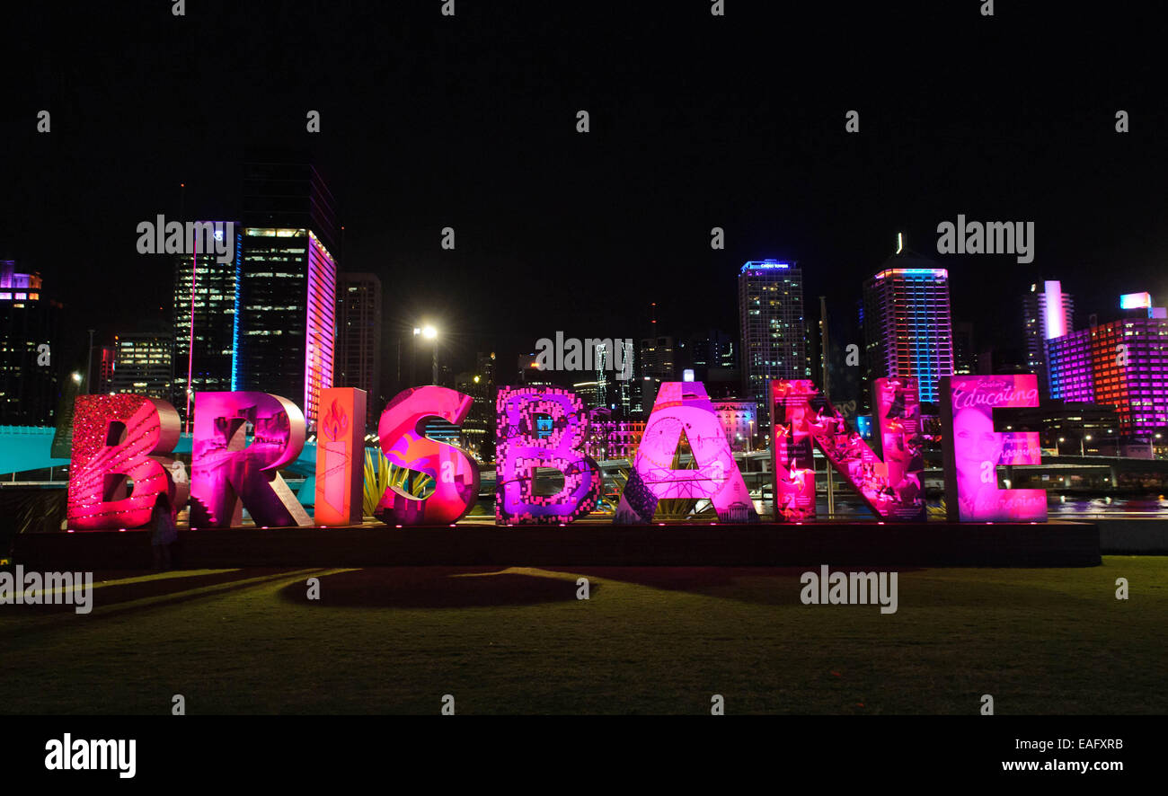 Brisbane, Australia. 14th Nov, 2014. A light box reading 'Brisbane' is set near the Brisbane Convention and Exhibition Center in Brisbane, Australia, Nov. 14, 2014. Leaders of the Group of 20 (G20) industrial and emerging-market countries will gather here for the coming G20 Summit from Nov. 15 to 16. © Bai Xue/Xinhua/Alamy Live News Stock Photo