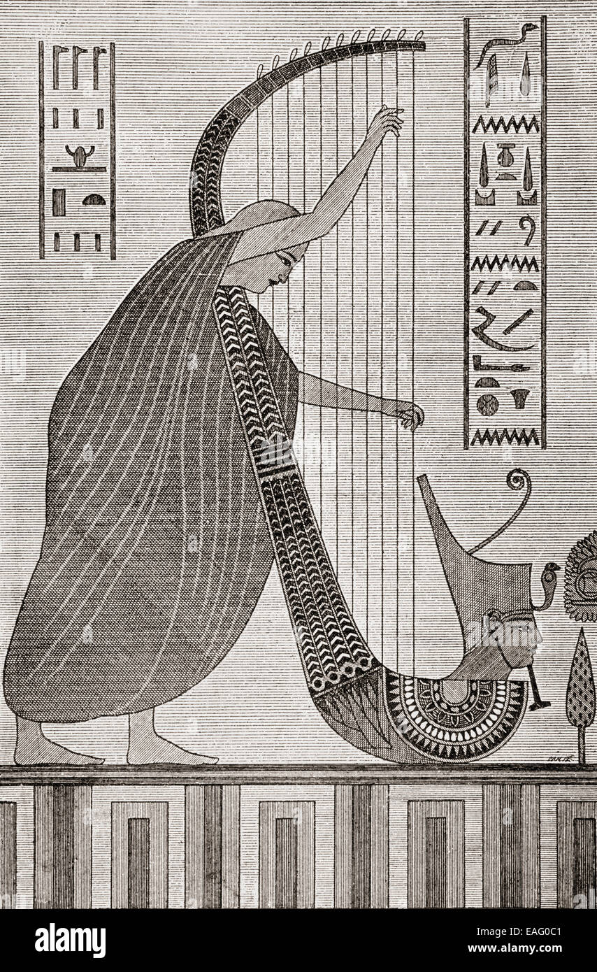Blind Harpist playing harp with the Red Crown of Lower Egypt. After the drawing by James Bruce. Stock Photo