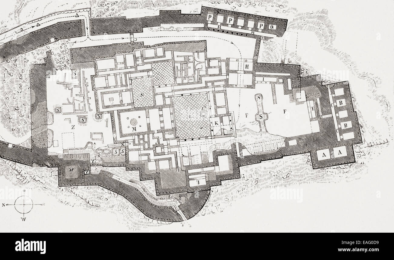 Late 19th century ground plan of Tiryns, Argolis, Peloponnese, Greece. After Wilhelm Dörpfeld. Stock Photo