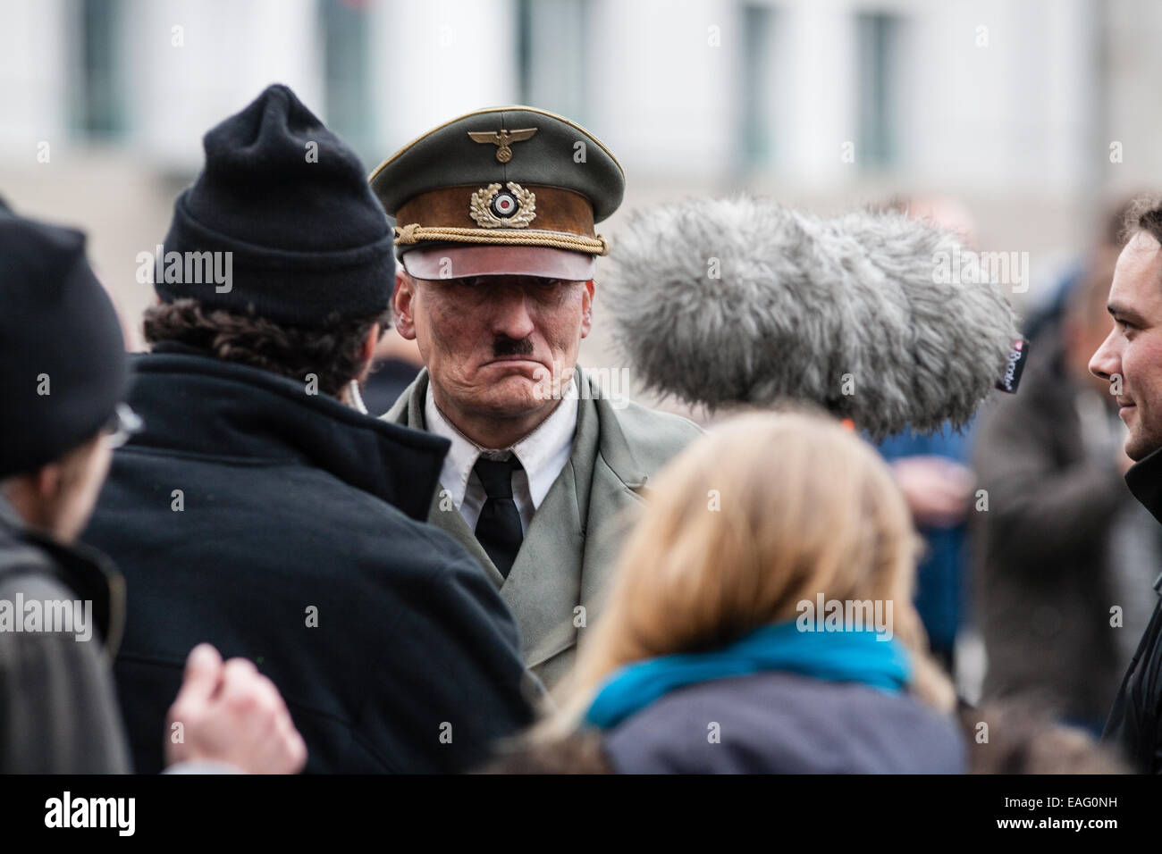 Berlin, Germany. 14th November, 2014. Actor Oliver Masucci at the Brandenburg Gate, Berlin, filming Look Who's Back playing the part of Adolf Hitler. Credit:  Georgia Chapman/Alamy Live News Stock Photo