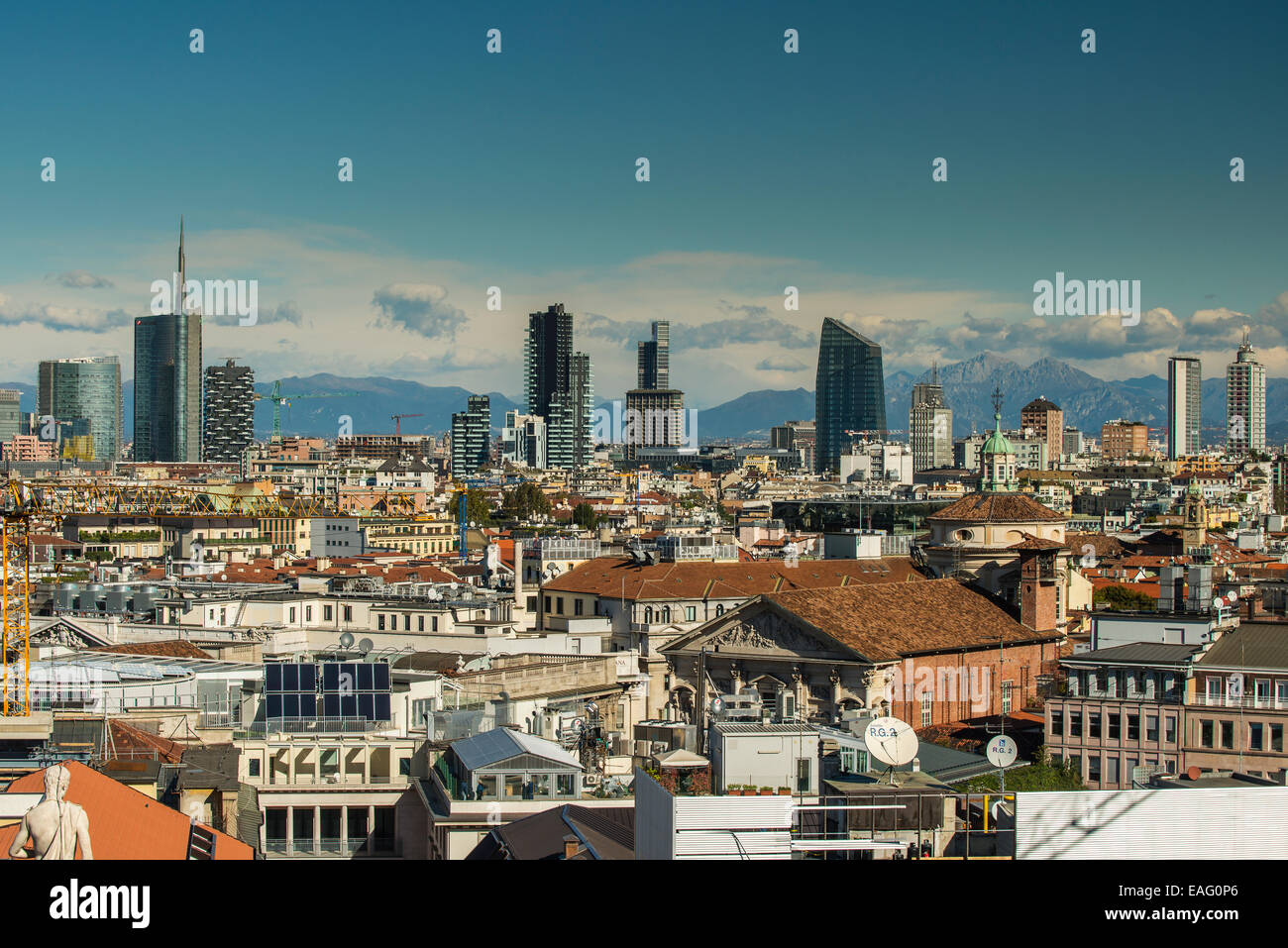 City skyline with the Alps in the background, Milan, Lombardy, Italy Stock Photo