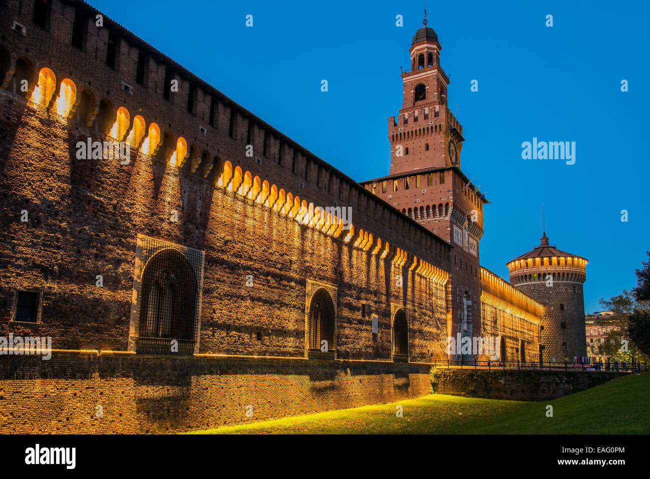 Castello Sforzesco medieval castle at dusk, Milan, Lombardy, Italy Stock Photo