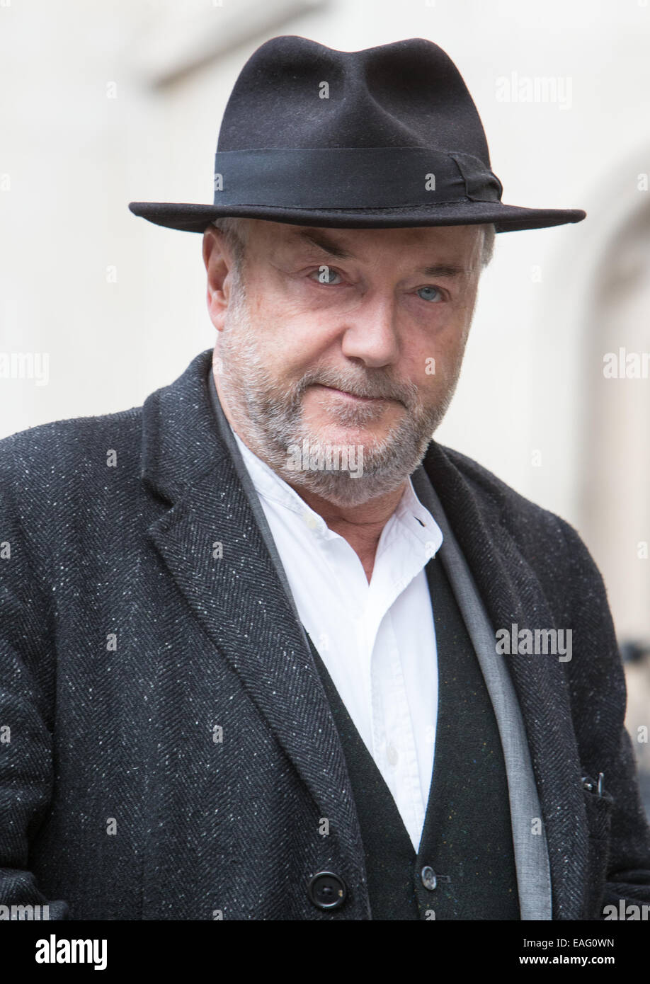 George Galloway arrives the the High Court to give evidence in the inquest into the death of Moazzam Begg Stock Photo