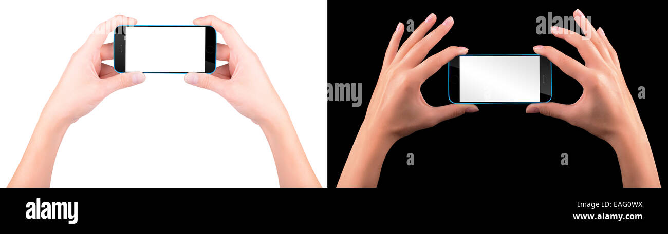 Woman hand holding Black Smartphone with blank screen Stock Photo - Alamy