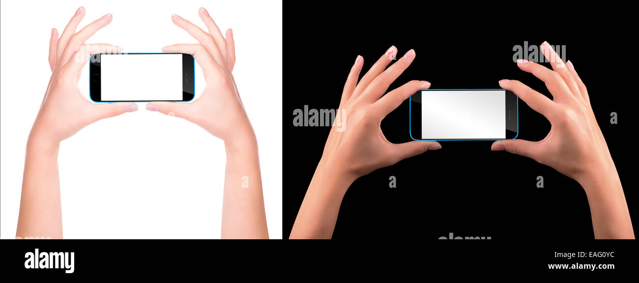 Woman hand holding Black Smartphone with blank screen Stock Photo - Alamy