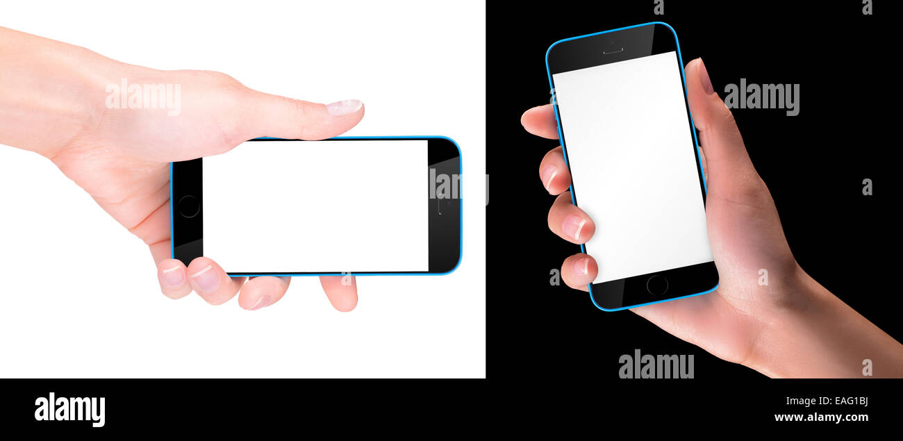 Woman hand holding Black Smartphone with blank screen Stock Photo - Alamy