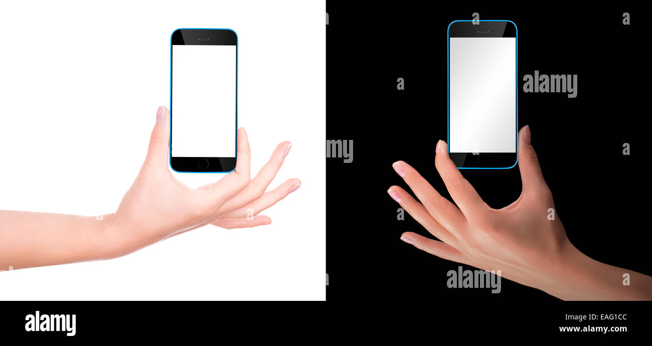 Woman hand holding Black Smartphone with blank screen Stock Photo - Alamy