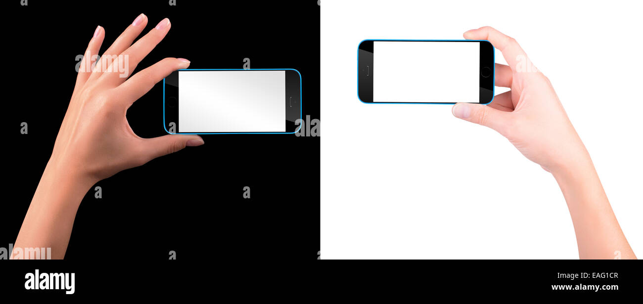Woman hand holding Black Smartphone with blank screen Stock Photo - Alamy