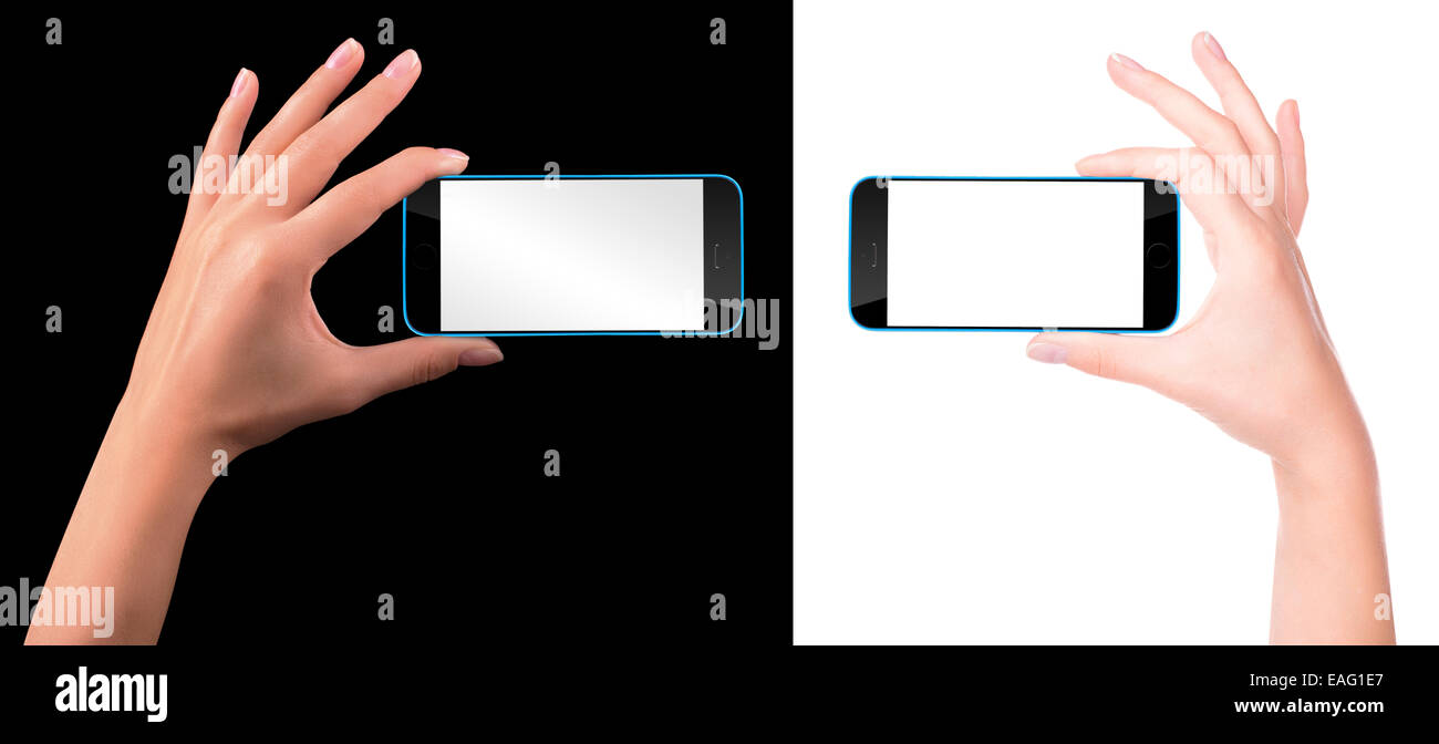Woman hand holding Black Smartphone with blank screen Stock Photo - Alamy