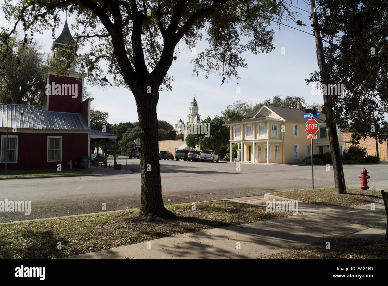 Part of the downtown historic district in Goliad, TX. In the background is the Goliad County