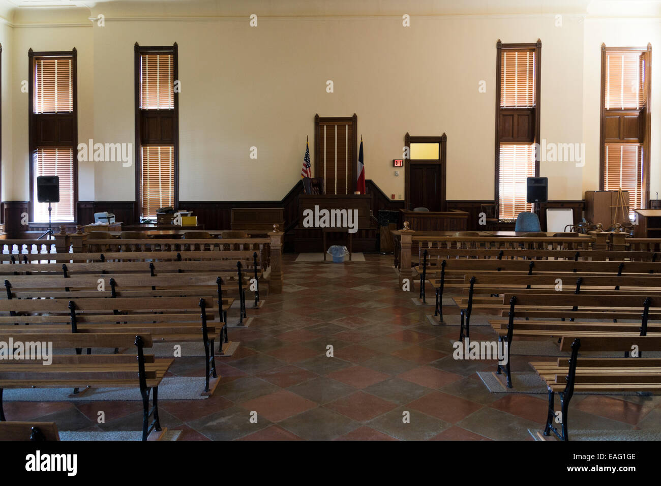 District Courtroom interior at the historic Goliad County Courthouse