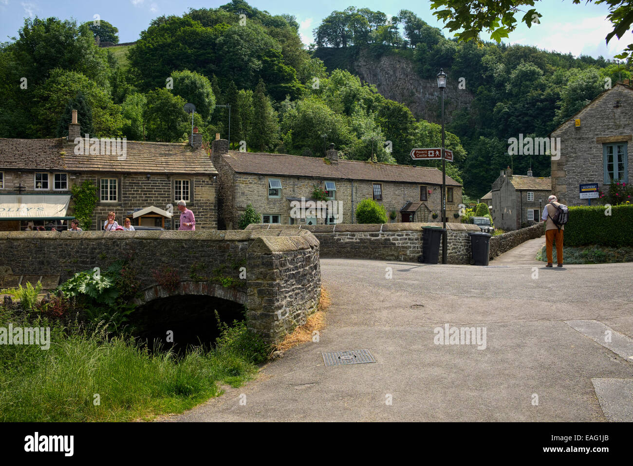Small bridge and cottages in the Peak District village of Castleton in