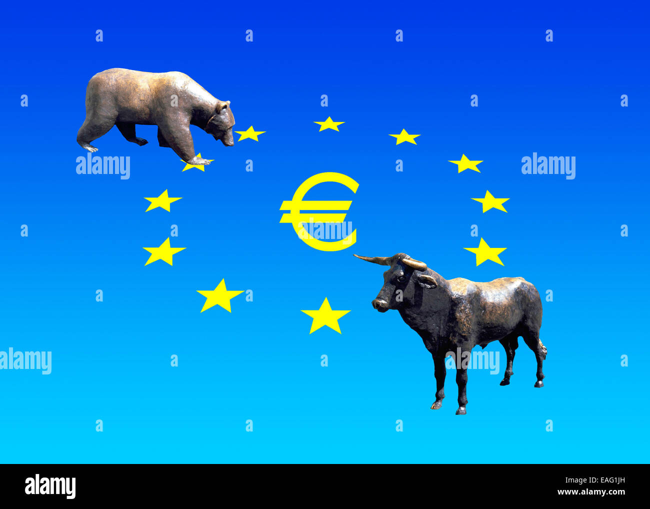 Bull and Bear before the 12 foundet Euro Stars Stock Photo