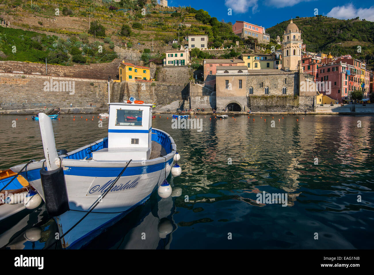 Moored fishing boat in the small port of Vernazza, Cinque Terre, Liguria, Italy Stock Photo