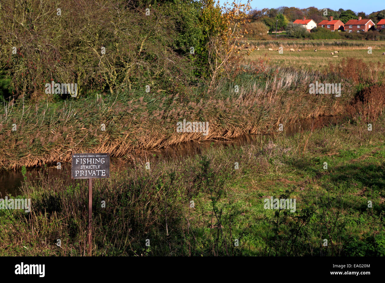 A view of the River Glaven with fishing strictly private notice at Wiveton, Norfolk, England, United Kingdom. Stock Photo