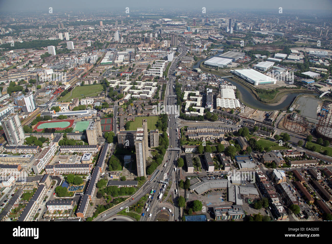 aerial view looking north up the A12 main road in Poplar, East London