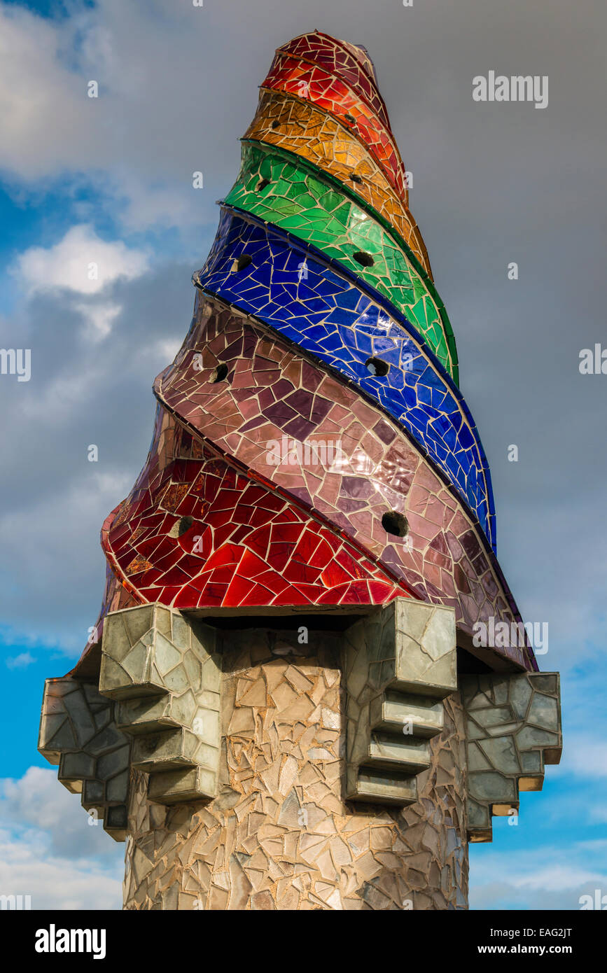Colorful mosaic chimney, Palau Guell, Barcelona, Catalonia, Spain Stock Photo