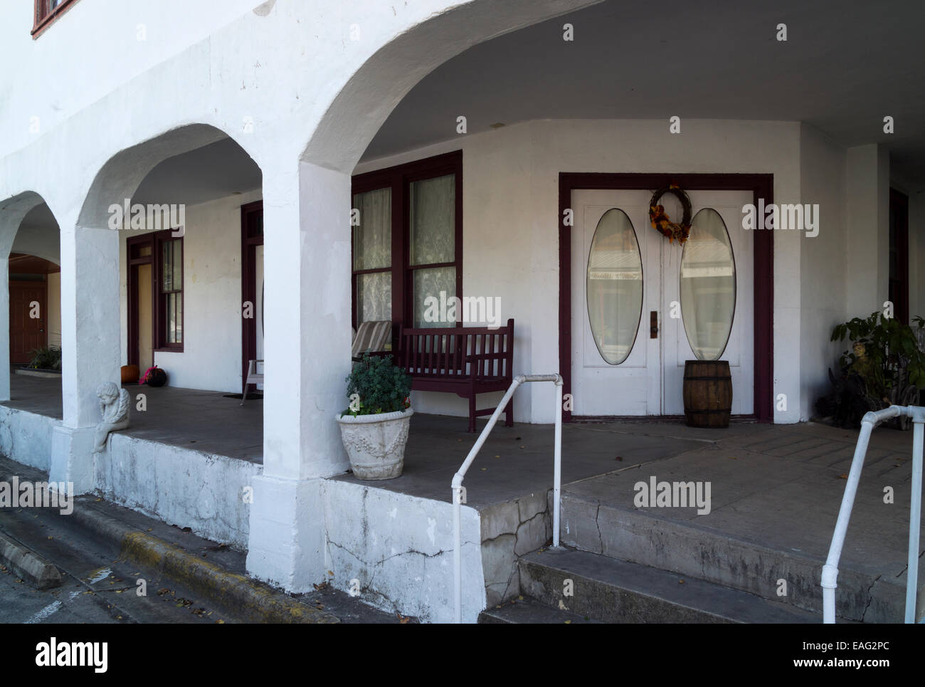 The front porch of an historic home in downtown Goliad, Texas, USA