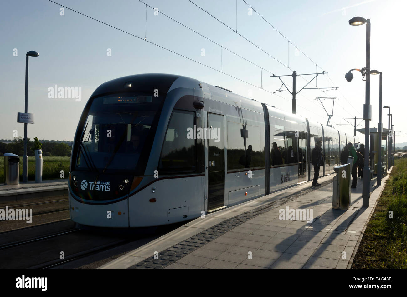 An Edinburgh tram at the Ingliston Park and Ride halt on the day the
