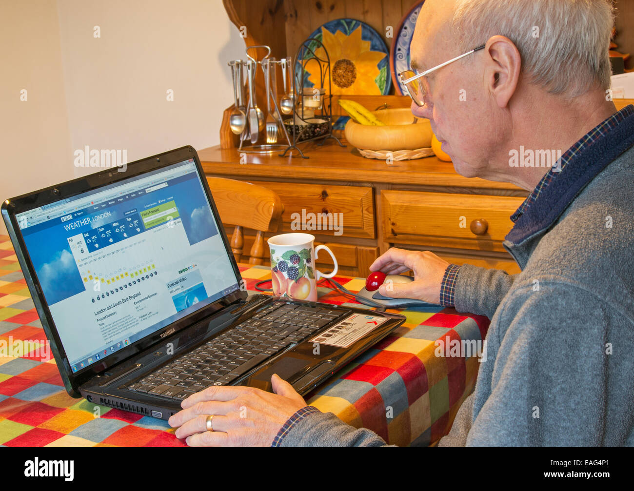 Retired man looks at BBC UK weather forecast using a laptop computer. Stock Photo