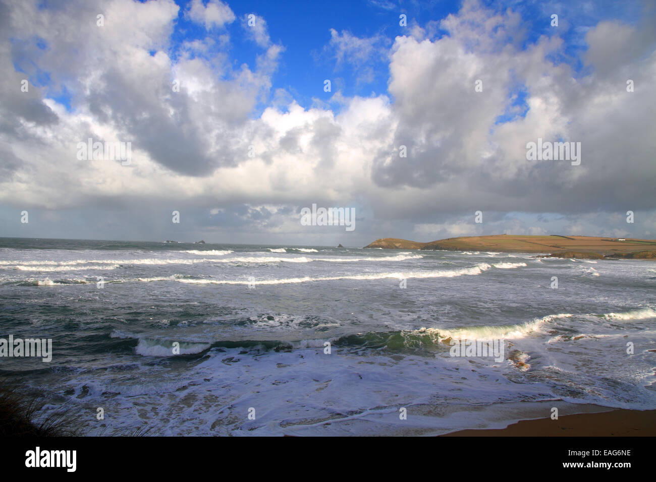 View across Constantine Bay, St. Merryn, North Cornwall, England. Choppy sea and dramatic sky Stock Photo