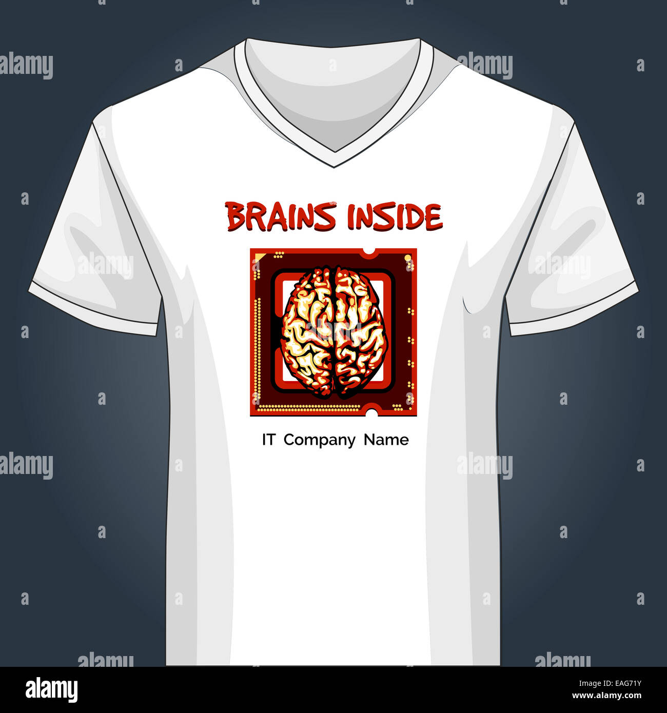 V neck shirt template with human brain inside main PC unit Stock Photo
