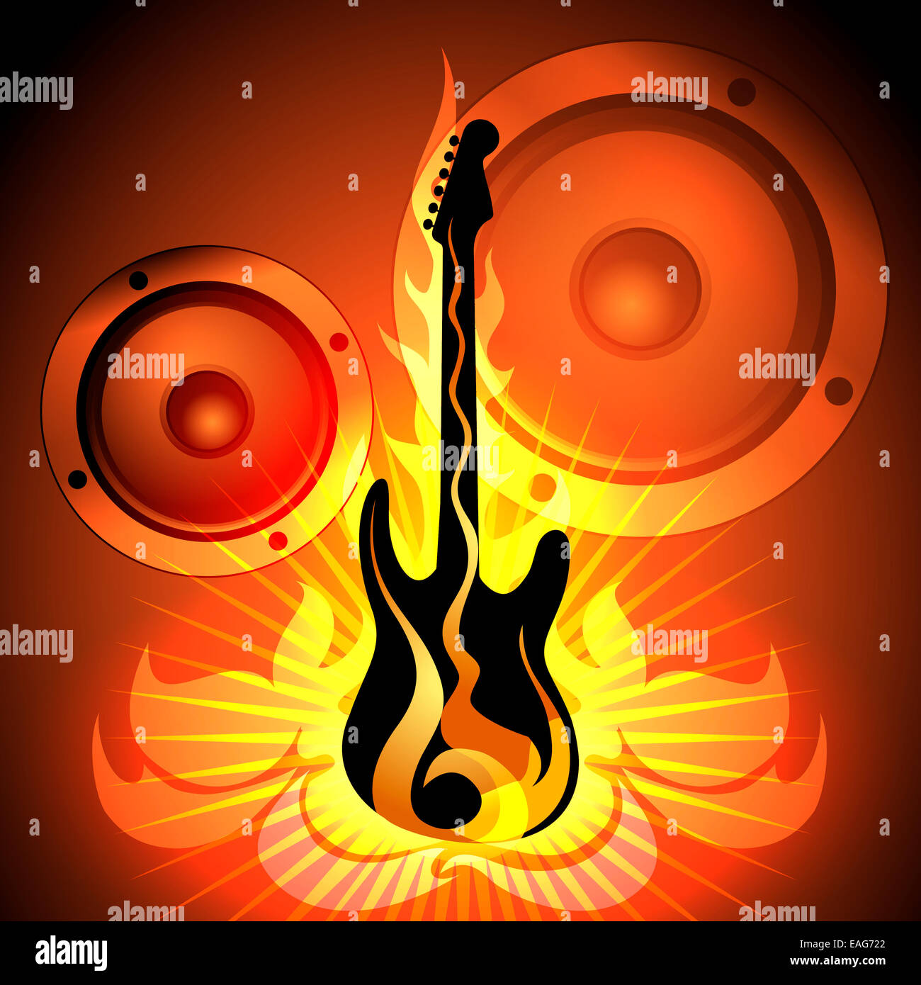 Music theme with flaming guitar Stock Photo