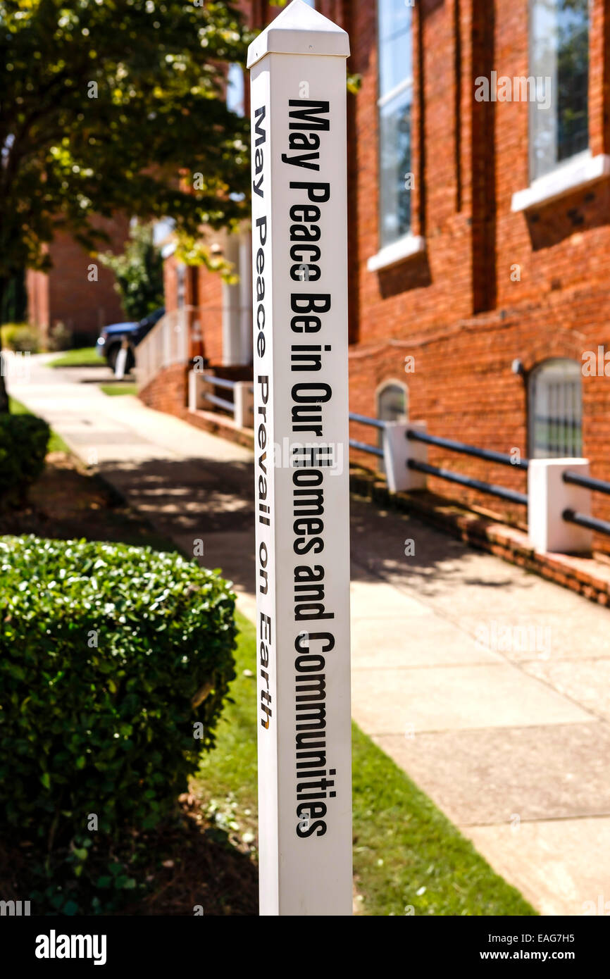 A peace pole outside the Dexter Ave Baptist church in Montgomery Alabama Stock Photo