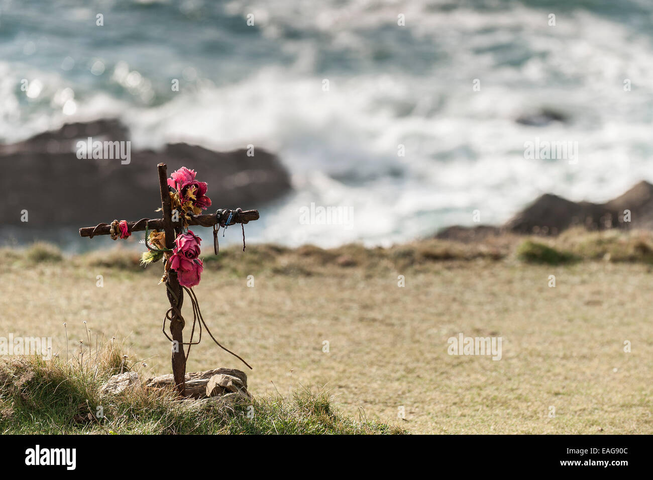 A memorial on Porth Island in Newquay, Cornwall. Stock Photo