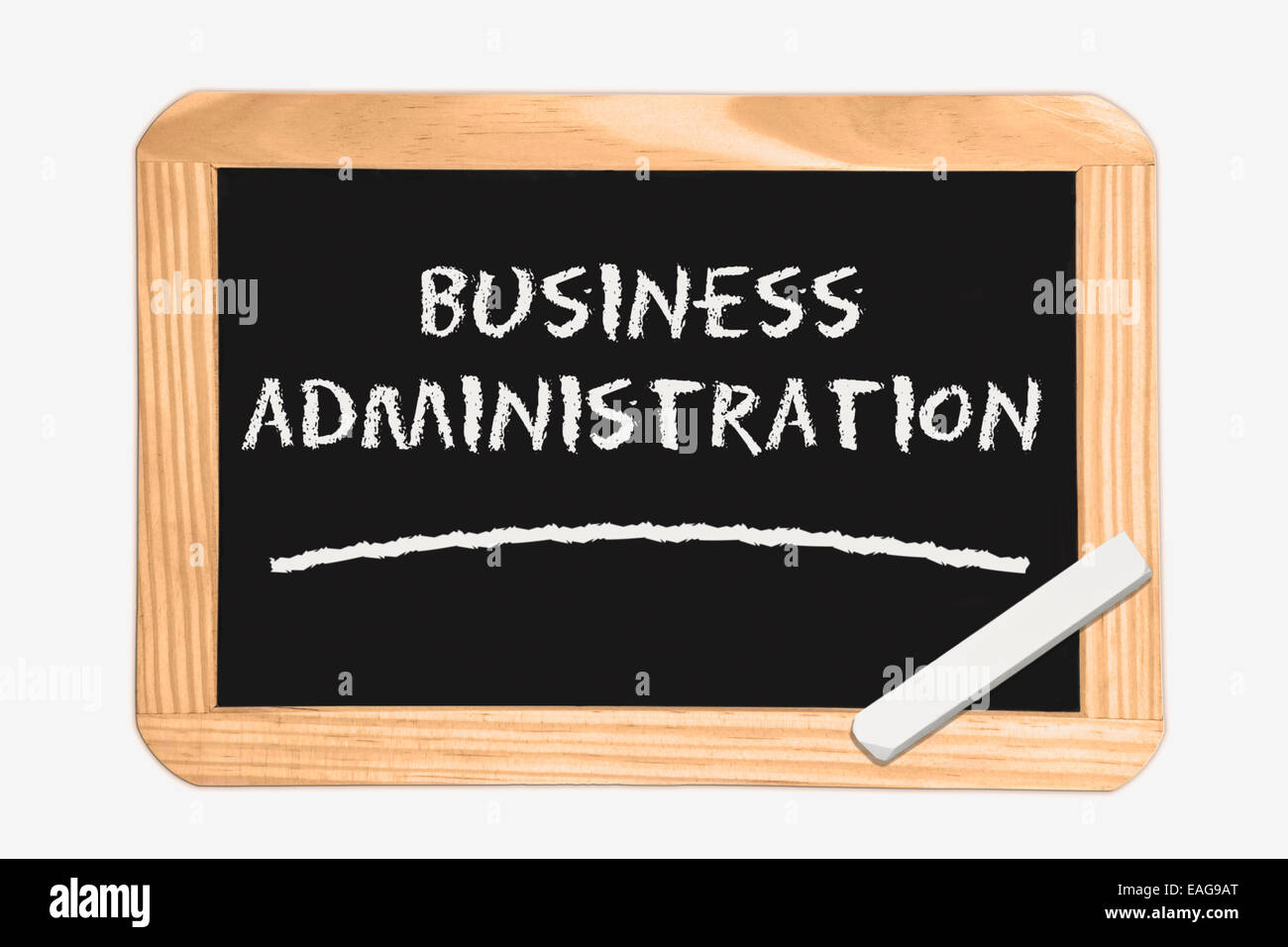 Blackboard with the inscription Business Administration, a piece of white chalk in the corner Stock Photo