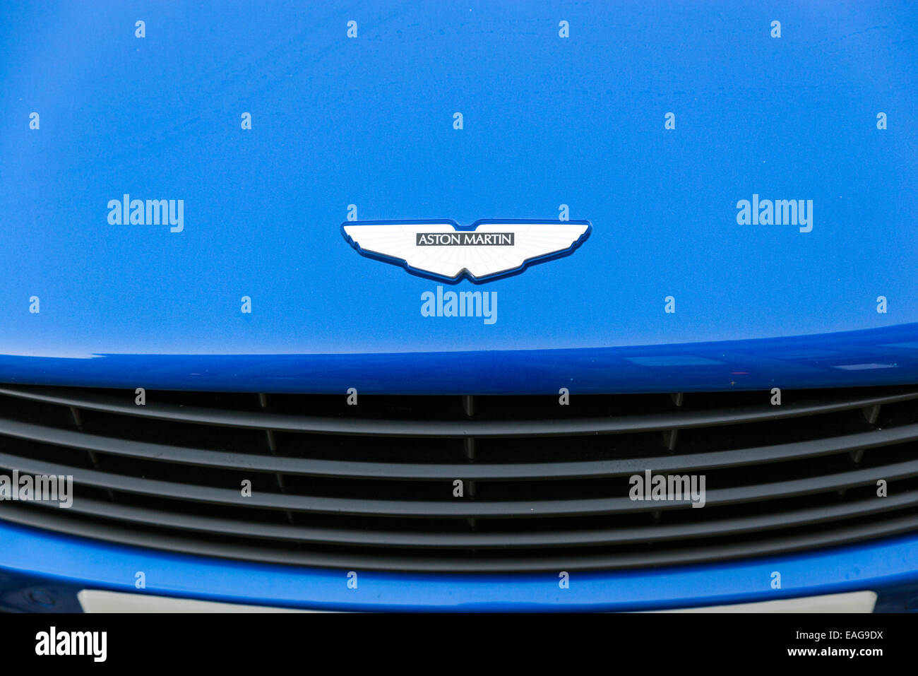 LIVERPOOL, UK - JUNE 8, 2014: At an outdoor car show in Liverpool, UK, a close up view of the hood ornament of an Aston Martin B Stock Photo