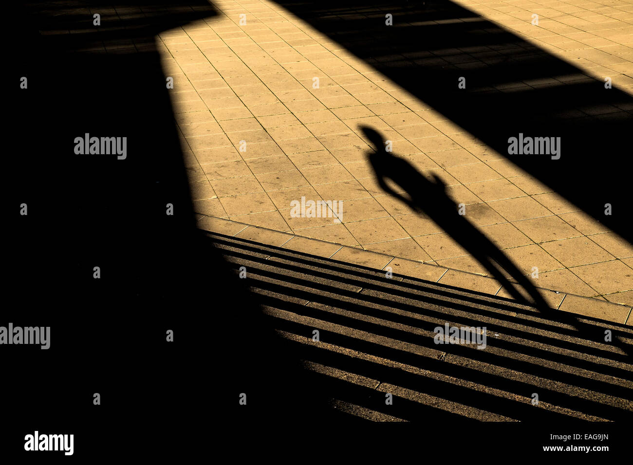 The shadow of a person is cast by evening sunlight. Stock Photo