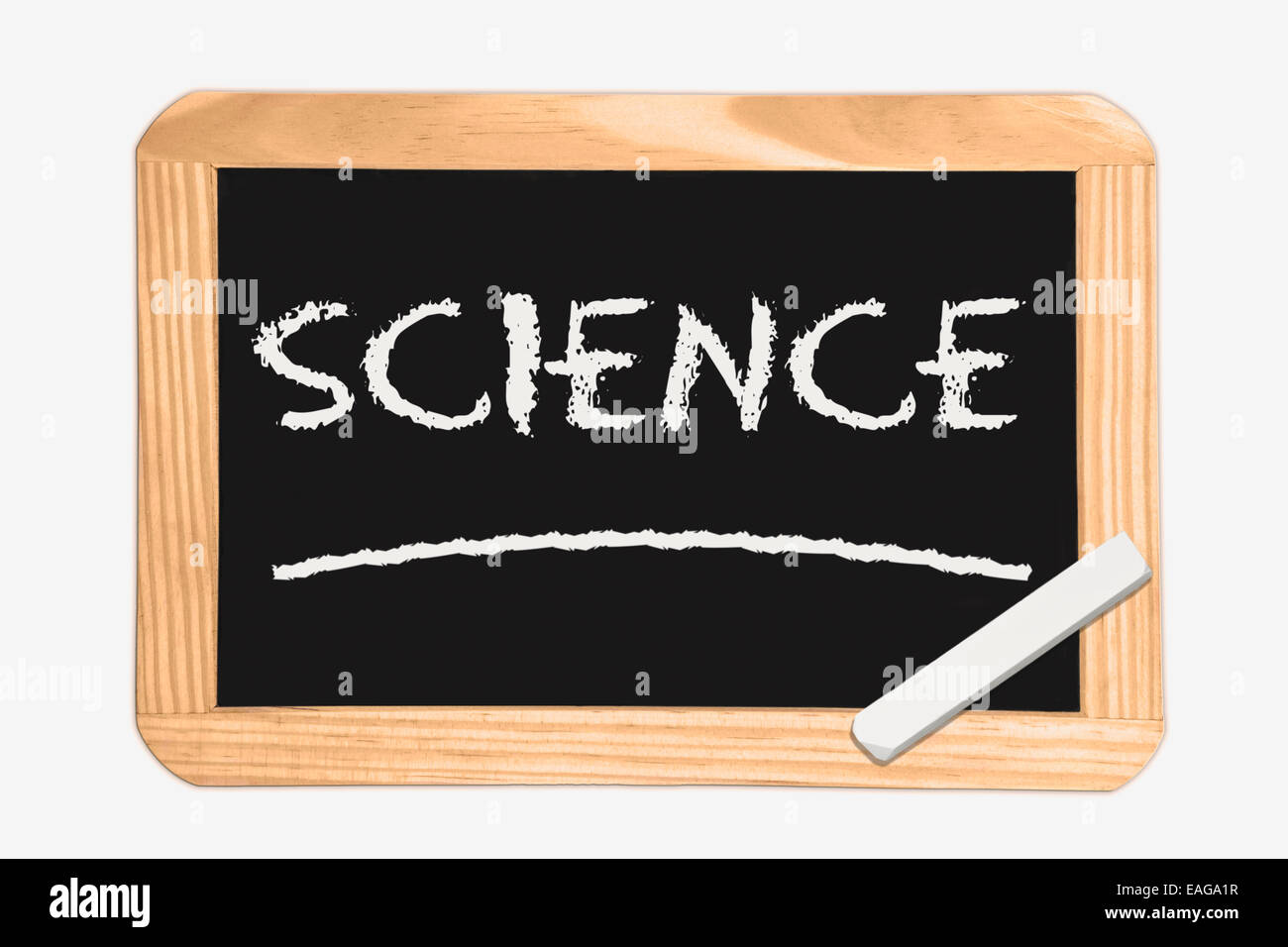 Blackboard with the inscription Science, a piece of white chalk in the corner Stock Photo