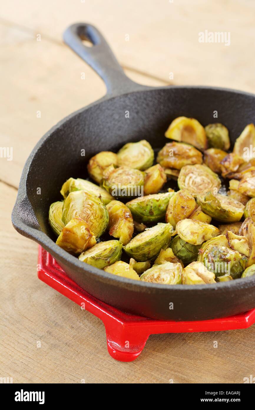 Roasted Brussels sprouts and chestnuts with a balsamic vinegar sauce in
