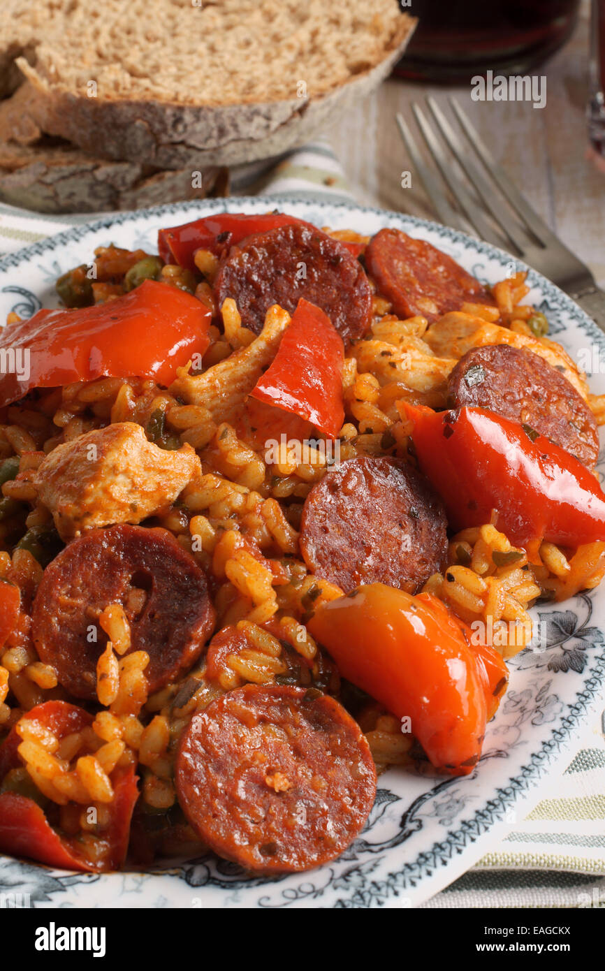 Chicken and Chorizo Paella a rice dish flavoured with paprika and