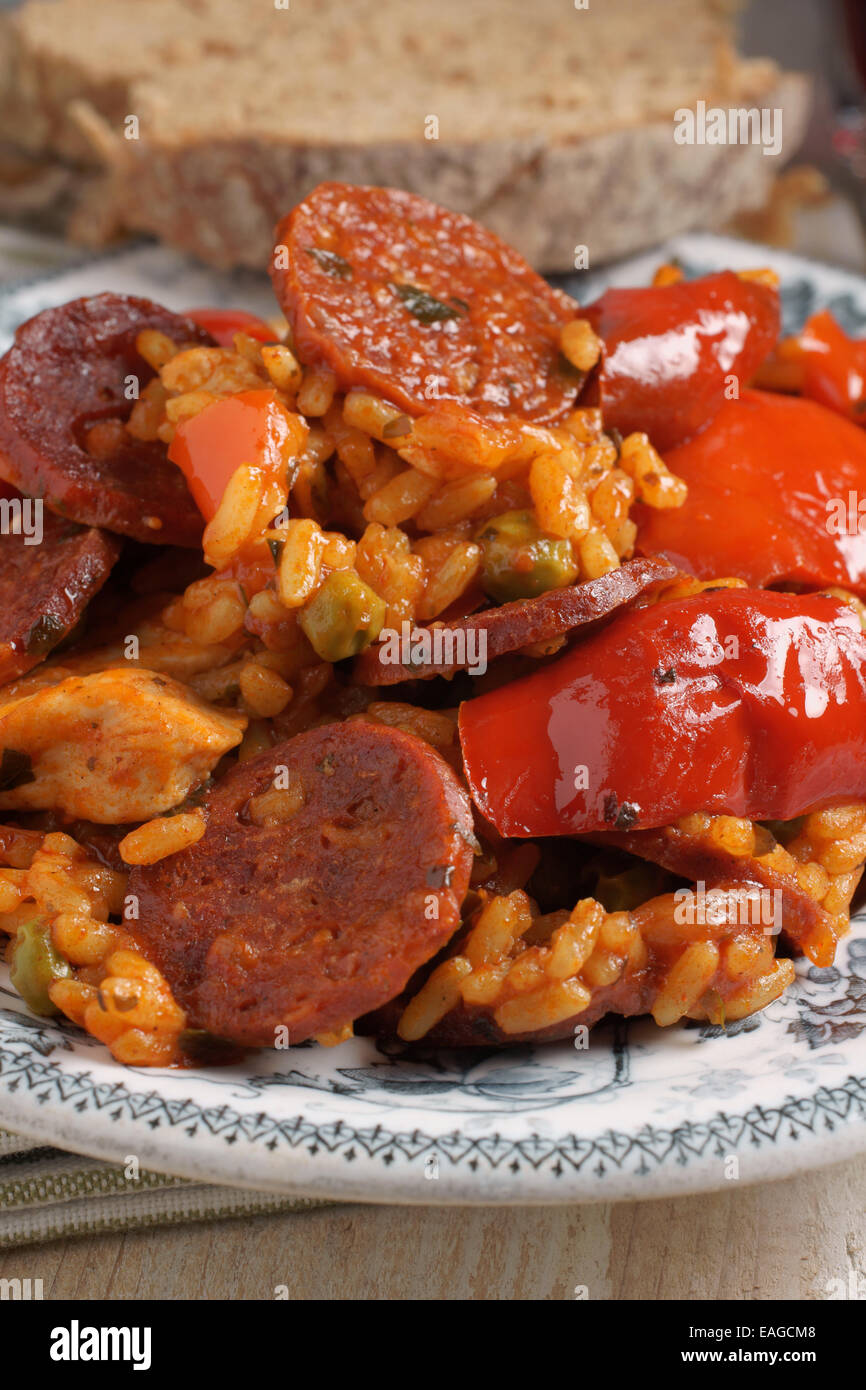 Chicken and Chorizo Paella a rice dish flavoured with paprika and peppers Stock Photo Alamy