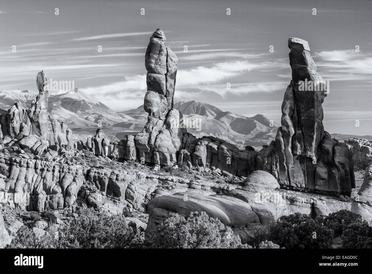 Black and white photo of four 'Marching Men' sandstone pillars in front of the La Sal Mountains in the Klondike Bluffs area of A Stock Photo