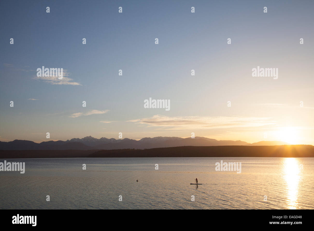 A male paddles his stand up paddle board on the Puget Sound near Poulsbo, Washington. Stock Photo