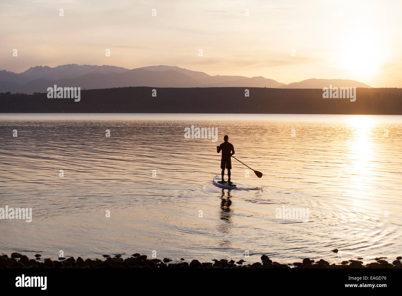 A male paddles his stand up paddle board on the Puget Sound near Poulsbo, Washington. Stock Photo