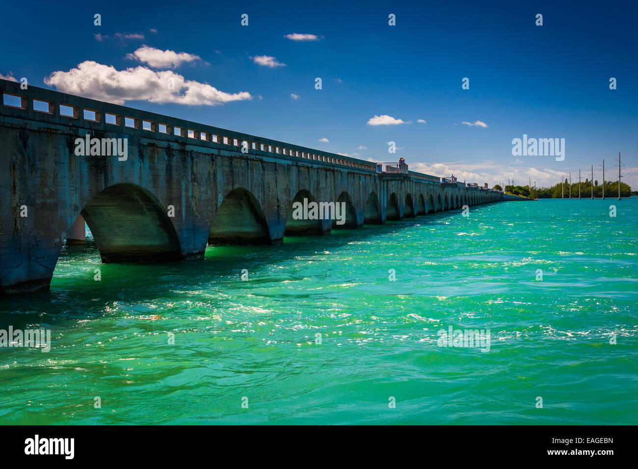 Turquoise waters and bridge on the Overseas Highway, in Islamorada, in the Florida Keys. Stock Photo