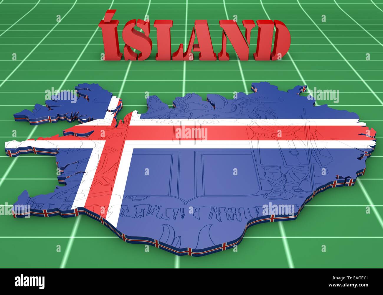 3D map illustration of Iceland with flag and coat of arms Stock Photo ...