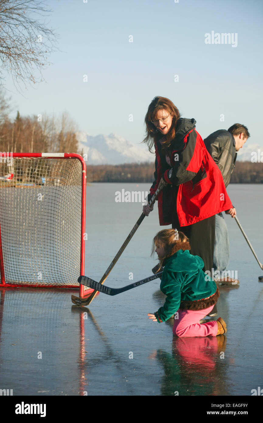 Sarah Palin Plays Hockey With Daughter On Frozen Lake Lucille In Wasilla, Alaska 2005 Stock Photo