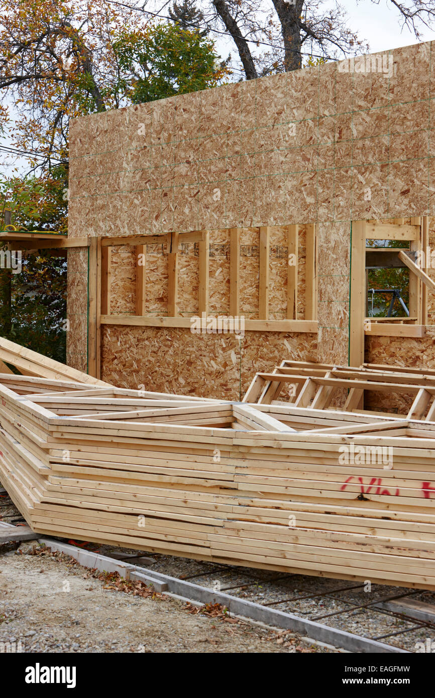typical timber framed house construction with sheet panels Saskatchewan Canada Stock Photo