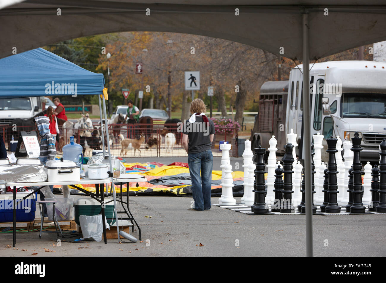 setting up street entertainment as part of local fair and market swift current Saskatchewan Canada Stock Photo