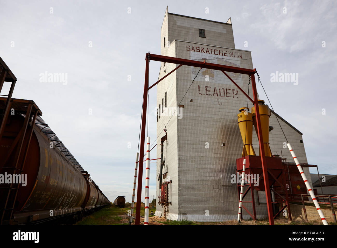grain elevator and old train track landmark leader Saskatchewan Canada Stock Photo