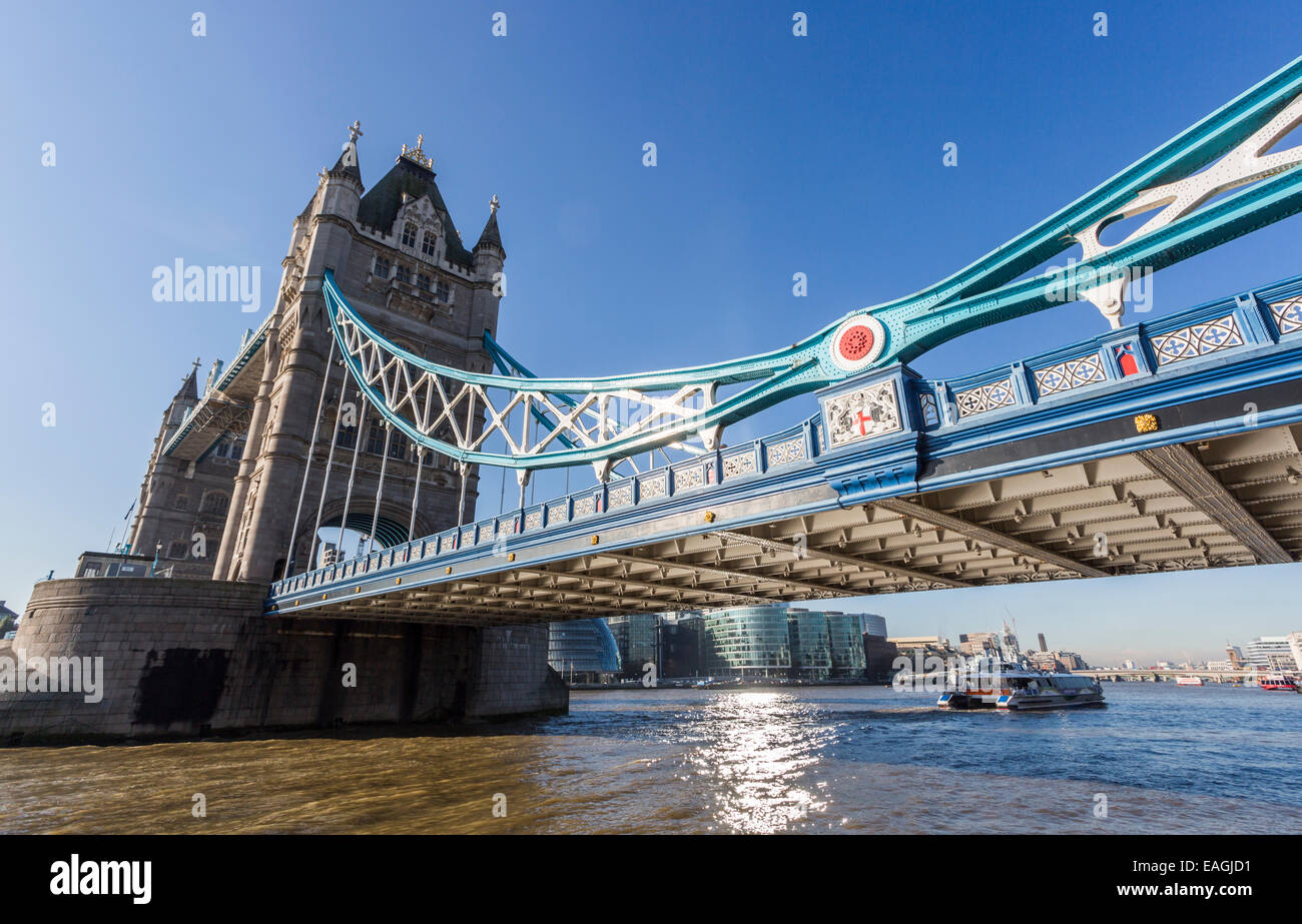 Tower Bridge, an iconic landmark in the City of London, looking towards the Pool of London on the River Thames Stock Photo