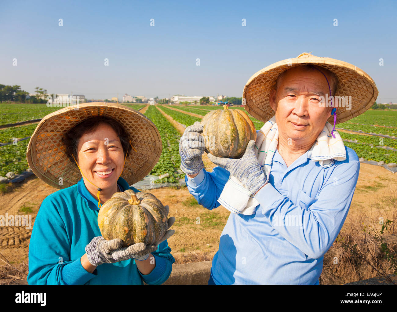 happy senior couple standing in front of farmland Stock Photo - Alamy