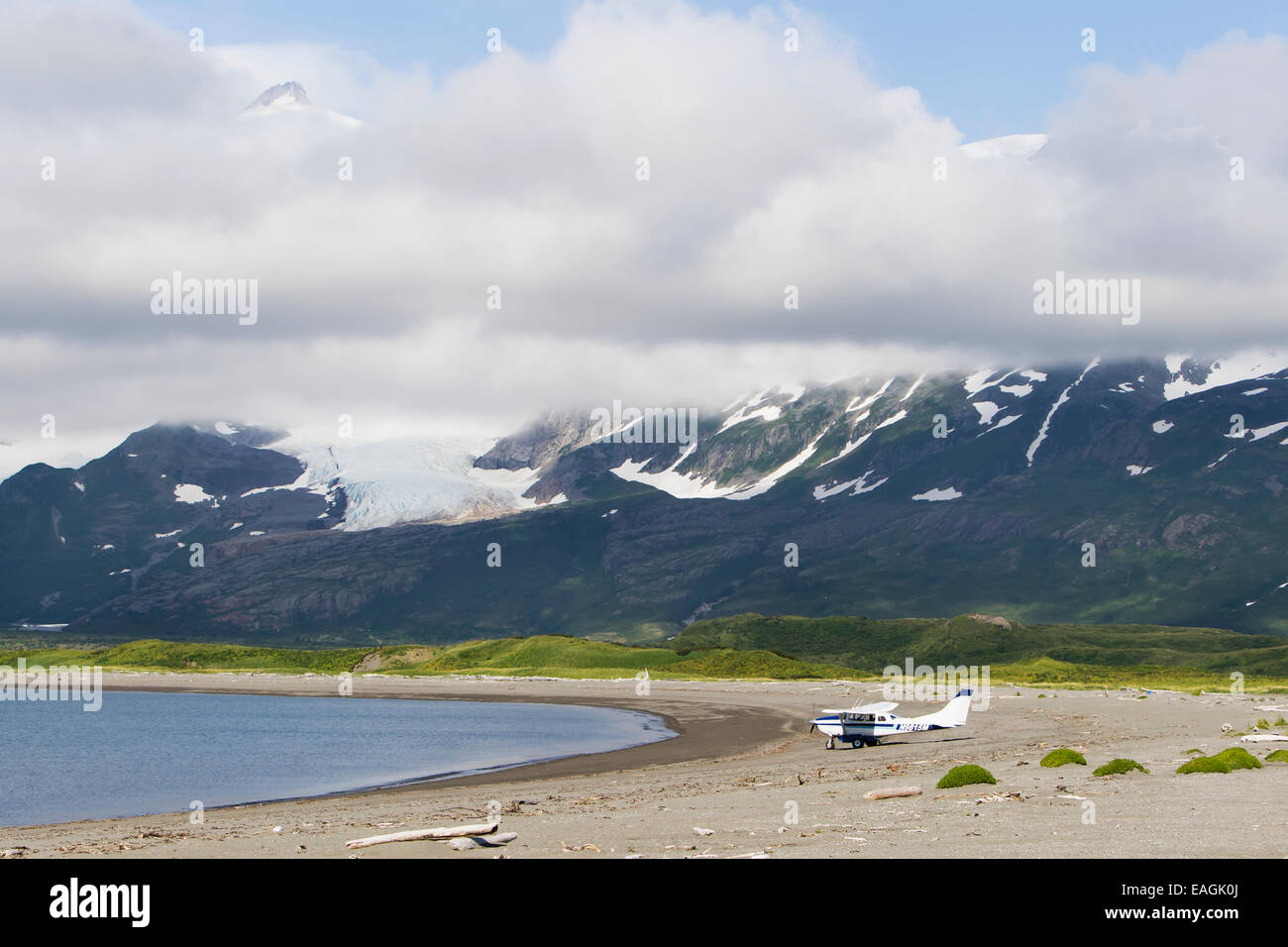 Cessna On Beach, Cape Douglas, Katmai National Park, Alaska Peninsula, Southwest Alaska, Summer. Stock Photo