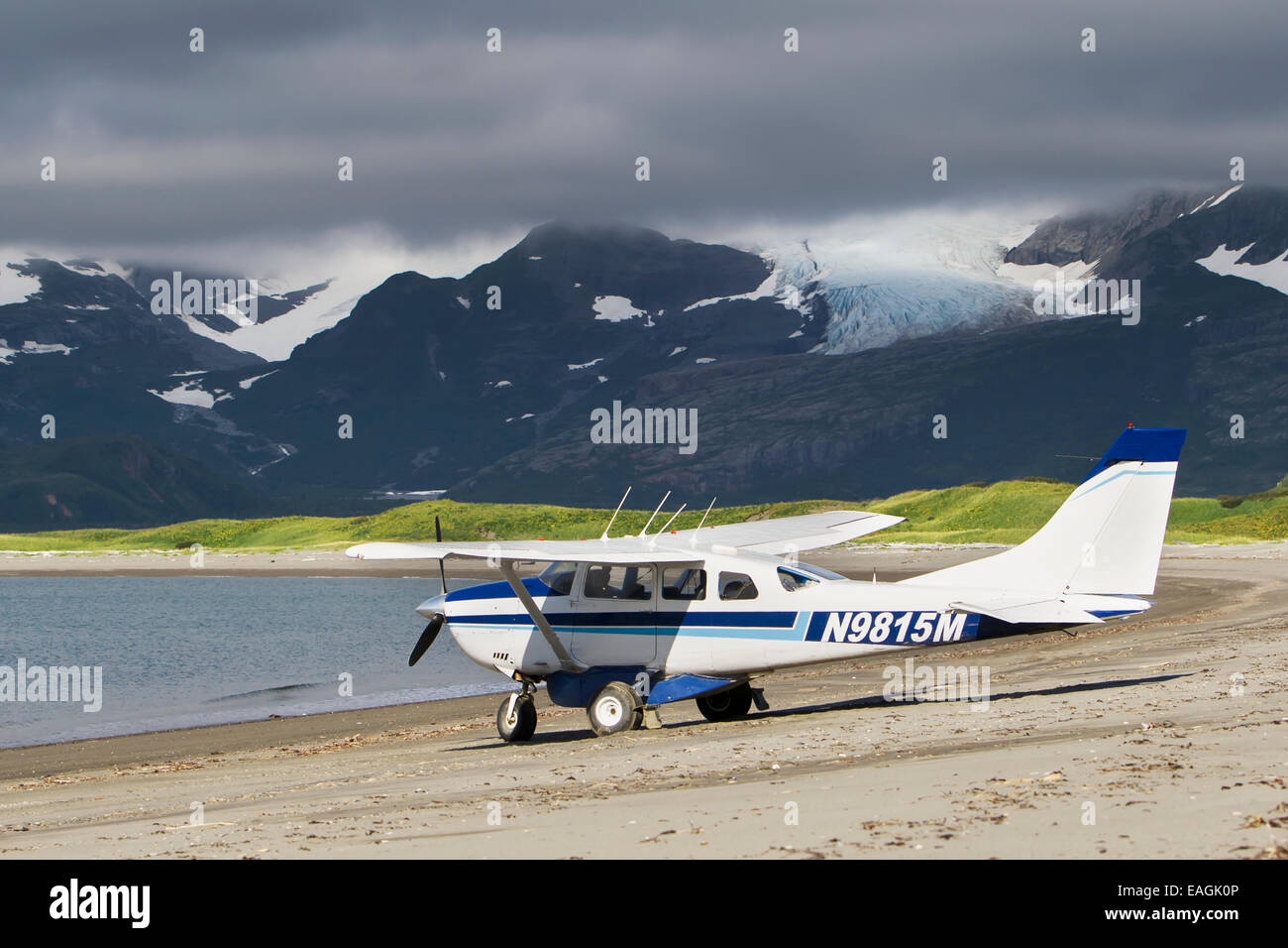 Cessna On Beach, Cape Douglas, Katmai National Park, Alaska Peninsula, Southwest Alaska, Summer. Stock Photo